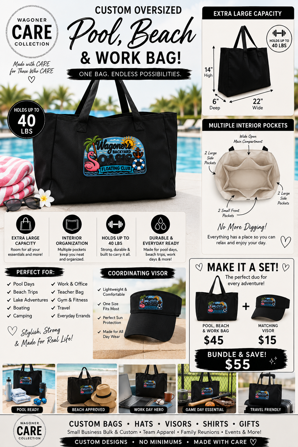 Pool, Beach & Work Bag + Visor Set — Bundle & Save!